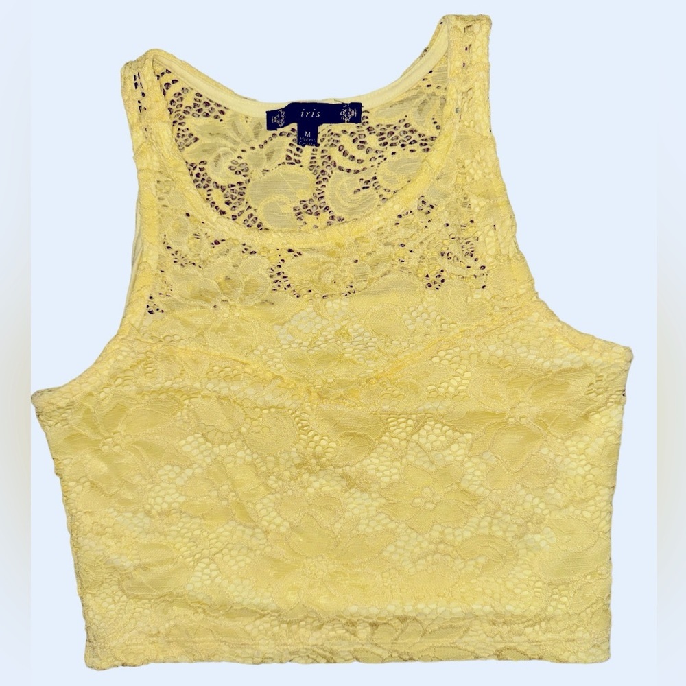 Iris Medium Bright Yellow Crochet Sleeveless Lined Crop Tank Top Summer EUC
